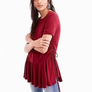 J.CREW Gathered Ruffle Hem Short Sleeve Red Top